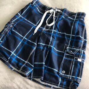 OP blue plaid drawstring swim trunks in size M
